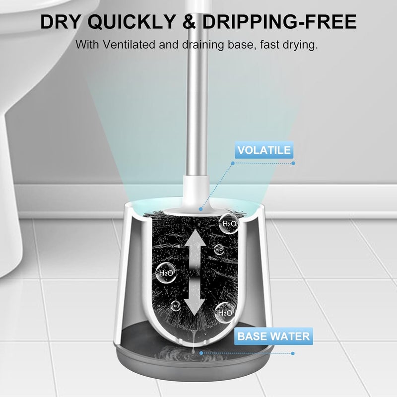 SetSail Toilet Brush and Holder 2 Pack, Self Closing Lid Toilet Bowl Brushes Holder and Extra Long Handle Ventilated Toilet Brush Set for Bathroom Cleaning, Nylon Bristles, White & Grey - Image 5